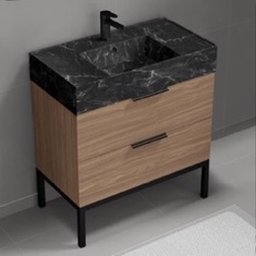 Modern Bathroom Vanity, Walnut, 32 inch, Black Marble Style Sink, Free Standing